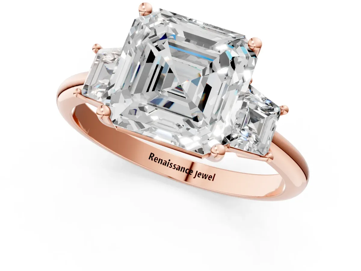 Asscher Cut Diamond Three-Stone Ring with Trapezoid Side Stones and Prong Setting Rose gold