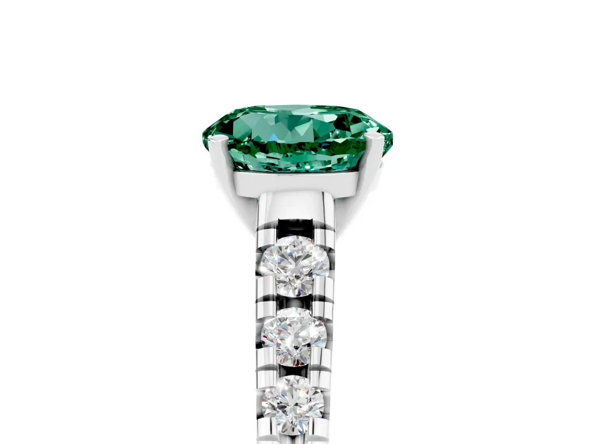 Round Cut Green Sapphire Cathedral Solitaire Ring with Round Pavé Band Silver