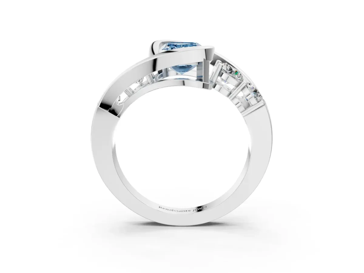 Fancy Blue Bezel Set Emerald Cut Diamond Bypass Ring with Round Accents Platinum