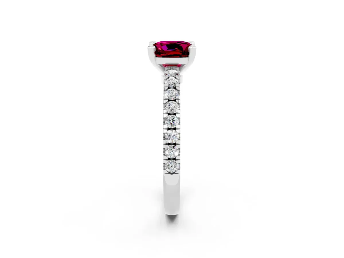 Cushion Cut Solitaire Garnet with Pavé Band and Four-Prong Setting Silver
