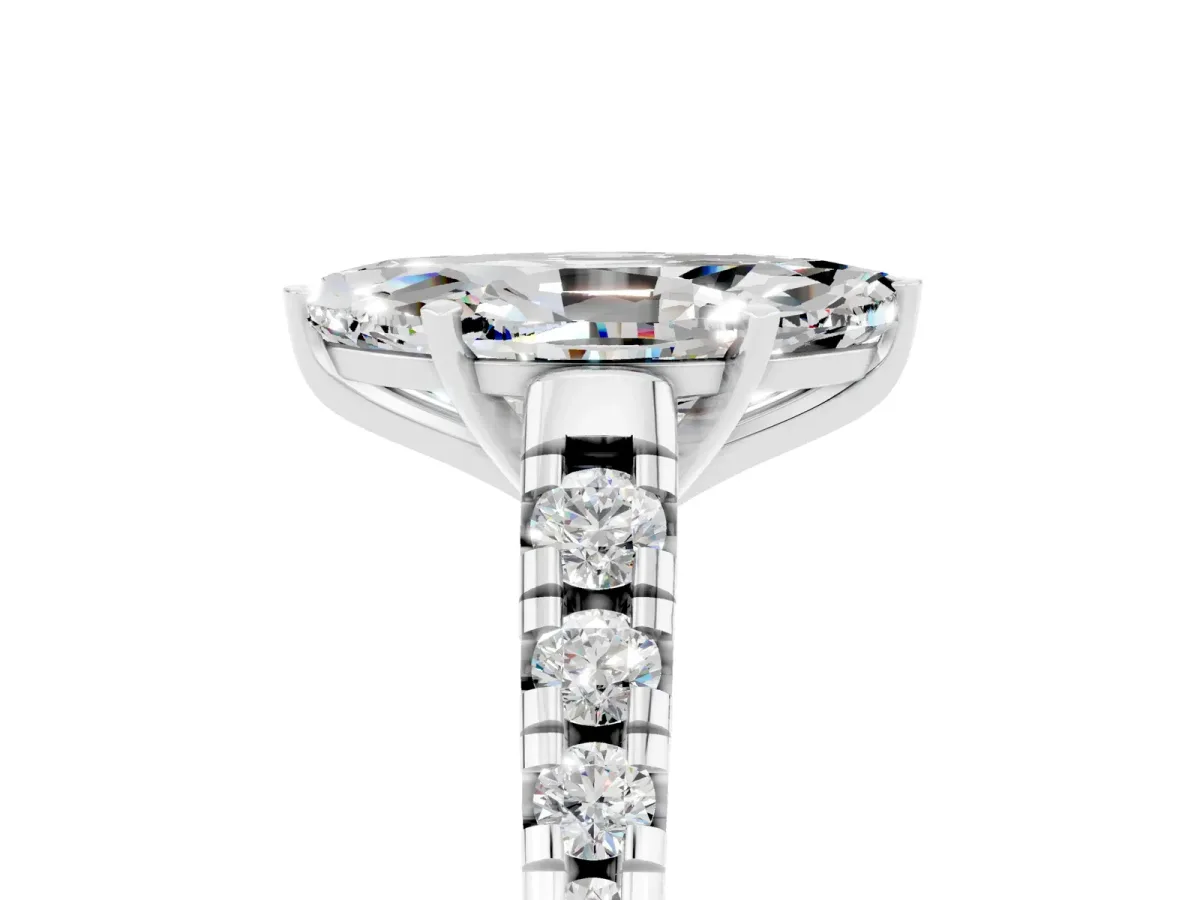 Marquise Cut Moissanite Cathedral Solitaire Ring with Round Pavé Band Silver