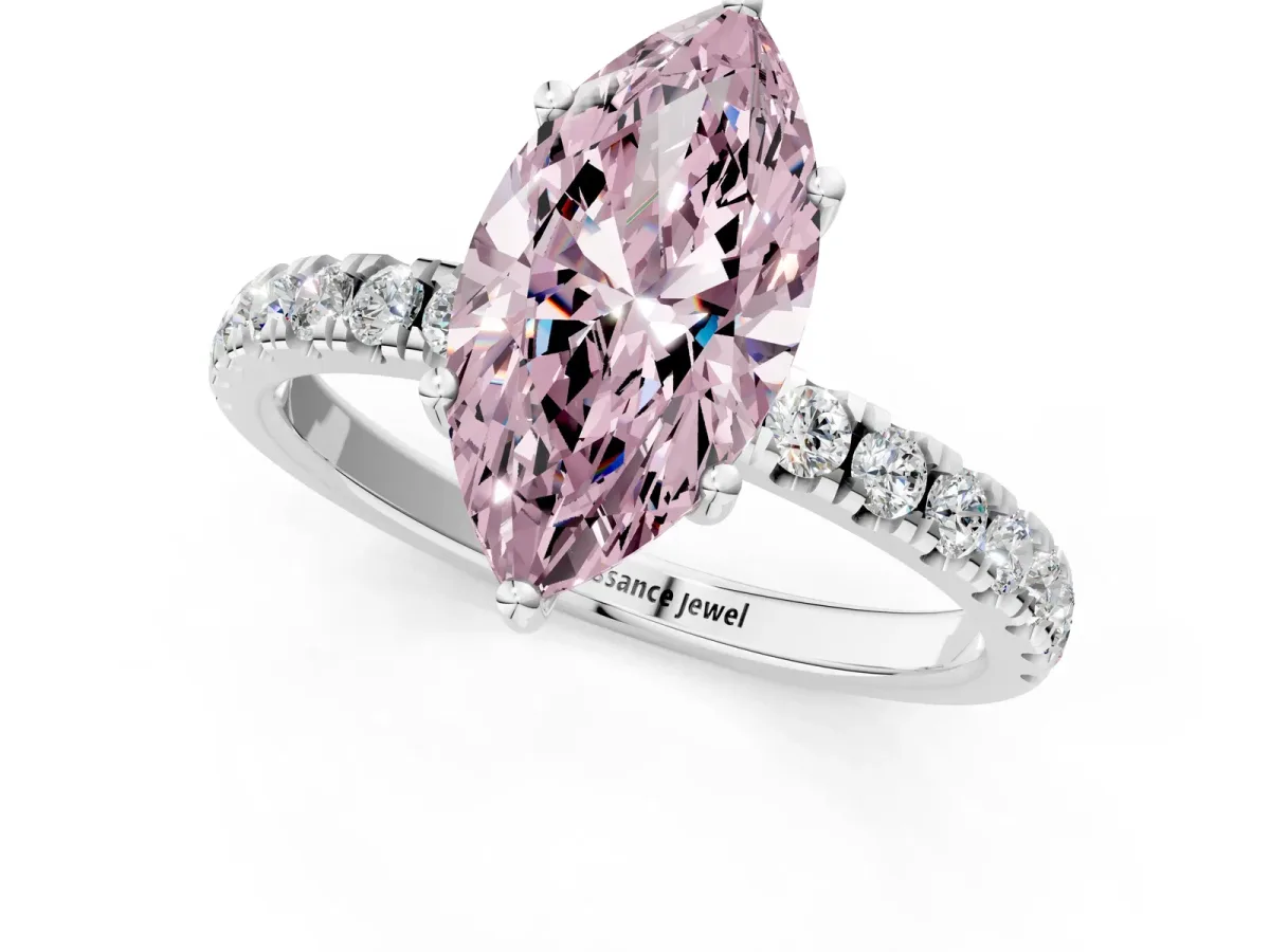 Fancy Pink Marquise Cut Diamond Pave Band Solitaire Ring with Round and Prong Setting Silver