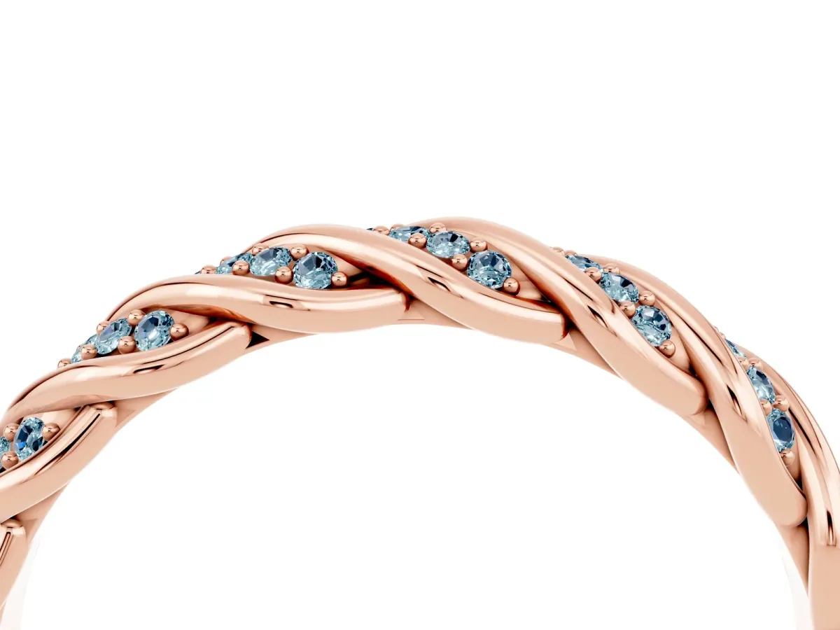 Twisted Pavé Round Aquamarine Eternity Band with Shared Prong Setting Rose gold