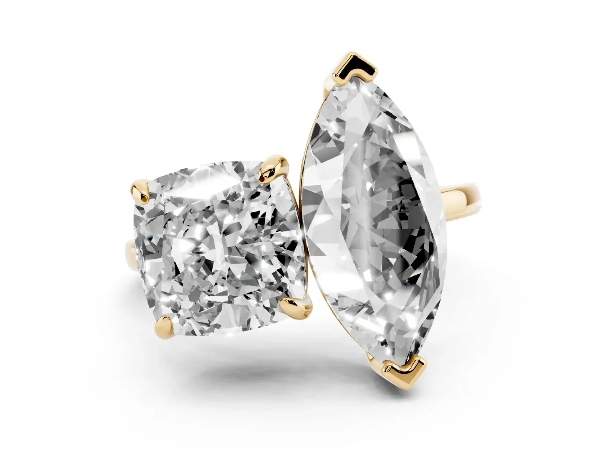 Cushion and Marquise Toi Moi Ring with Prong Setting and Plain Band Yellow gold
