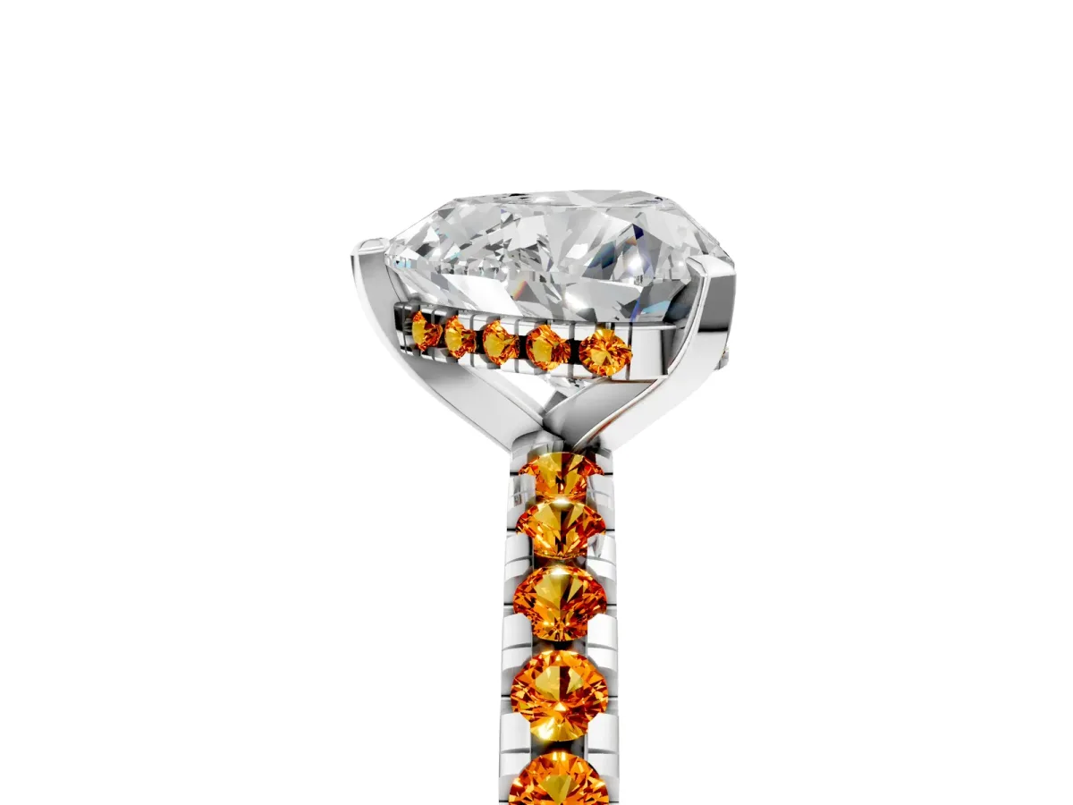 Heart Cut Diamond Solitaire Ring with Round Citrine Pavé Band and Four-Prong Setting Silver