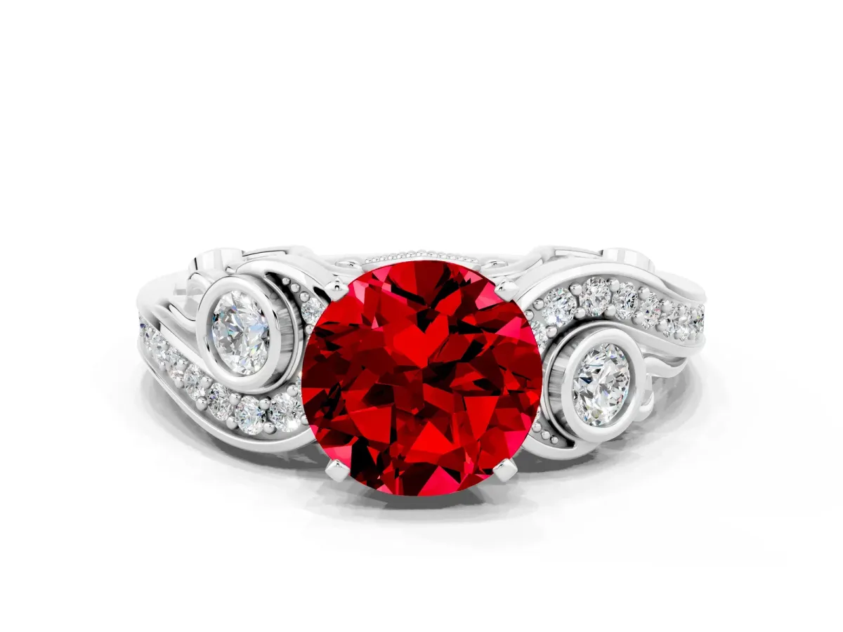 Round Cut Ruby Solitaire Ring with Milgrain Pavé Band and Four-Prong Setting White gold