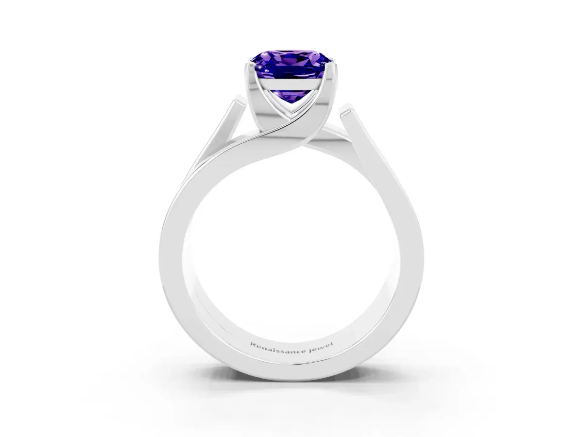 Modern Tension Set Cushion Cut Tanzanite Solitaire Wide Band Ring Silver