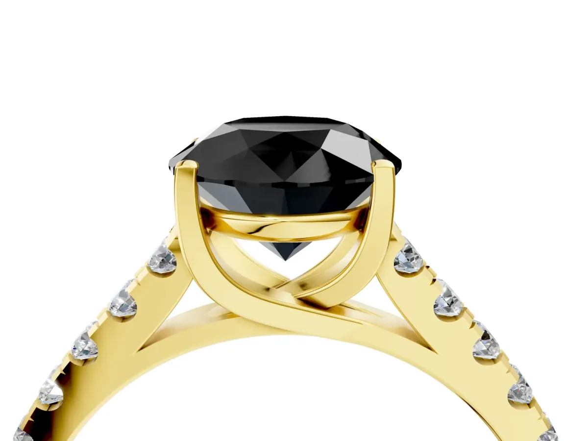 Fancy Black Round Cut Diamond Pavé Band Solitaire Ring with Prong Setting Yellow gold