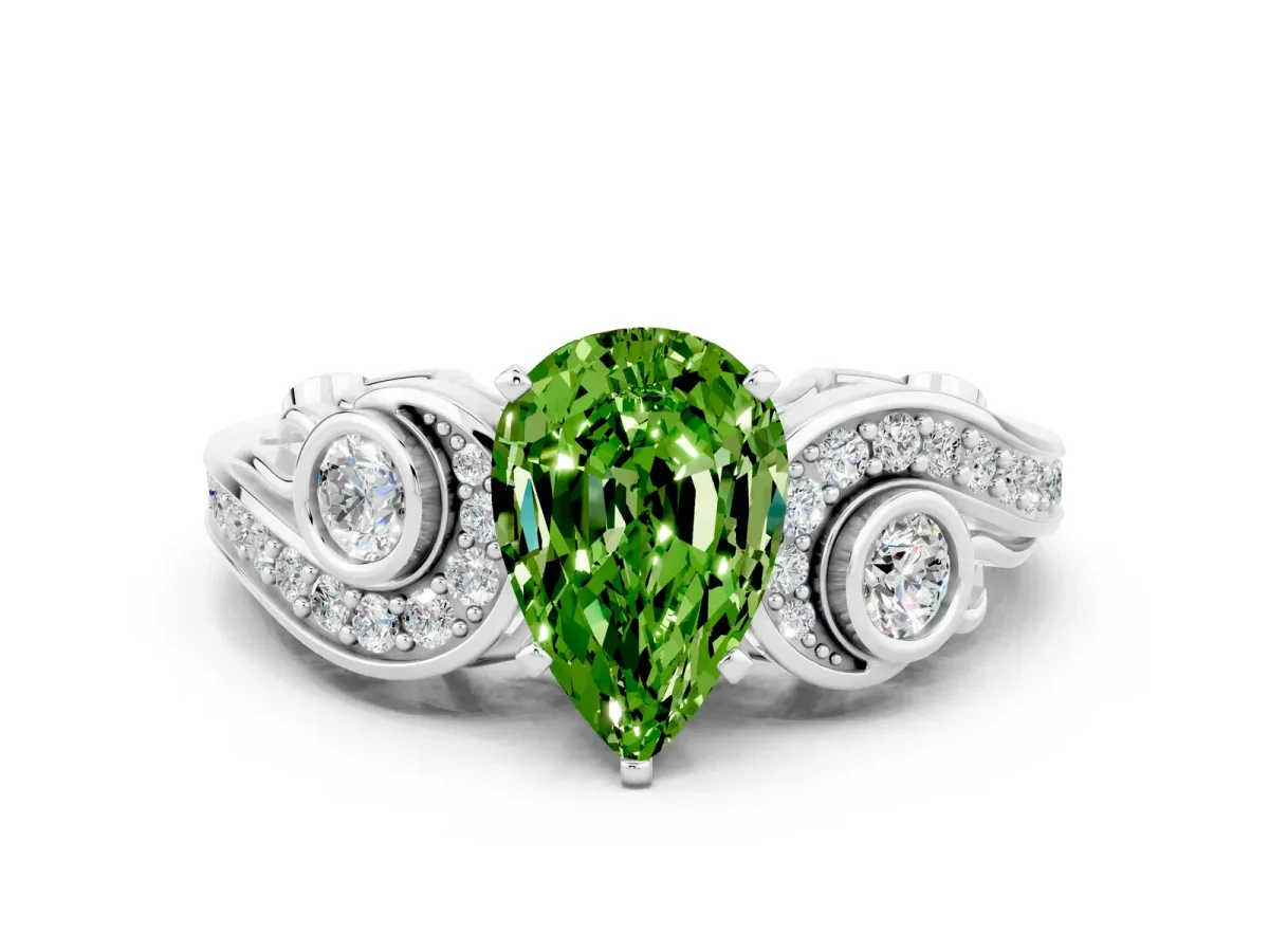 Pear Cut Peridot Solitaire Ring with Milgrain Pavé Band and Four-Prong Setting Silver