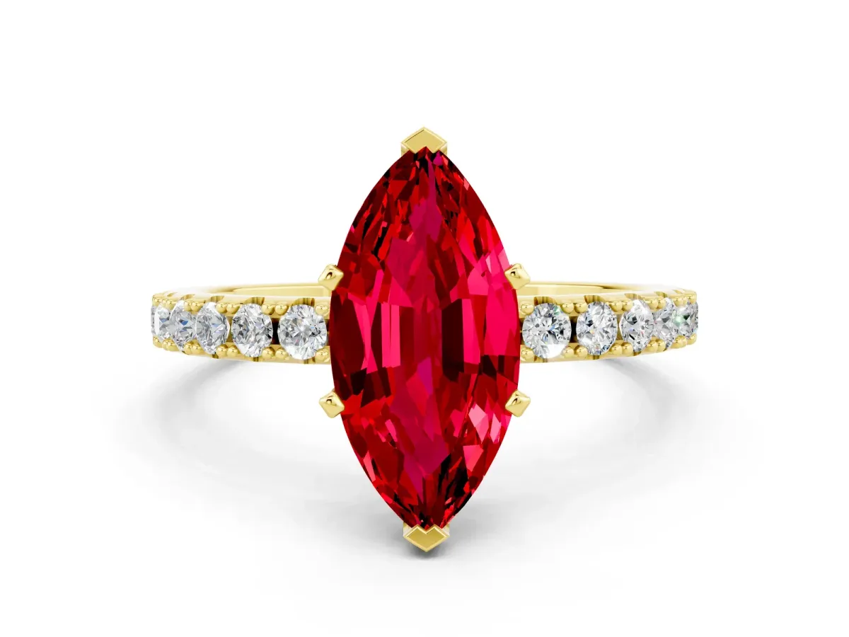 Marquise Cut Ruby Solitaire Pavé Band with Four-Prong Setting Yellow gold