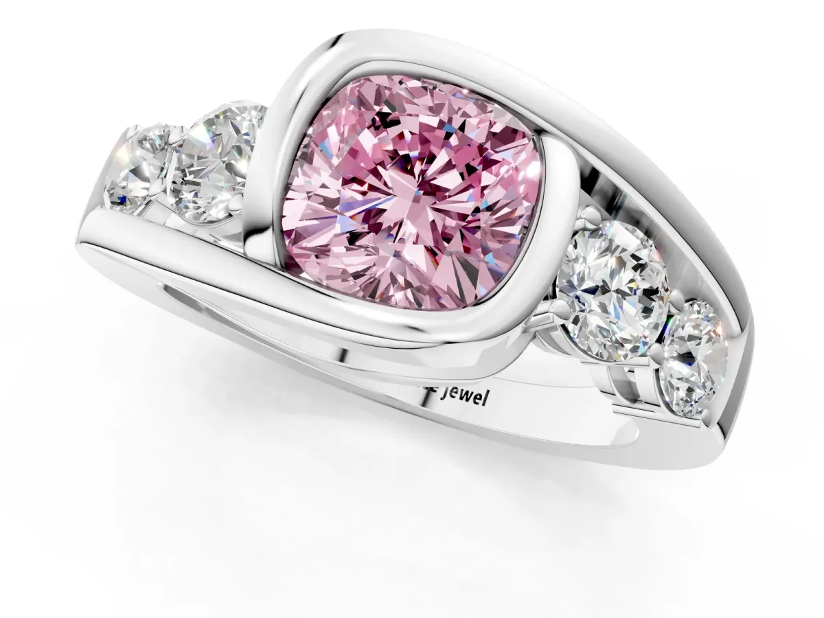 Fancy Pink Bezel Set Cushion Cut Diamond Bypass Ring with Round Accents Silver
