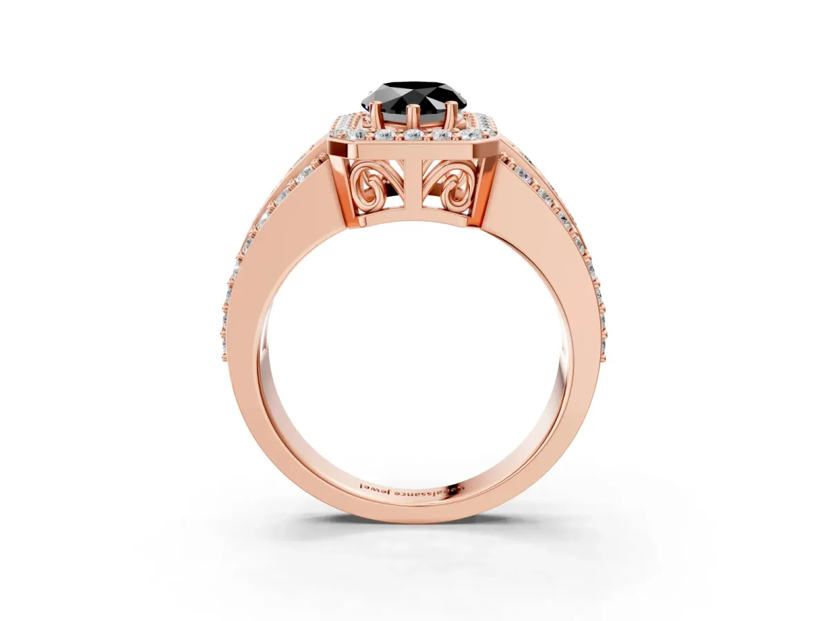 Fancy Black Pear Cut Halo Diamond Ring with Round Split Shank and Prong Setting Rose gold