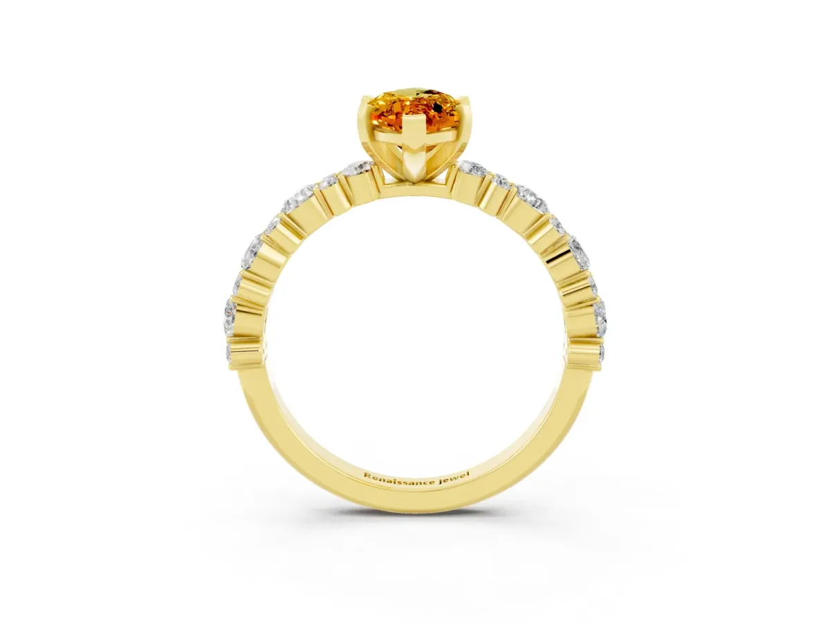 Marquise Cut Citrine Side Stone Solitaire Ring with Round and Four-Prong Setting Yellow gold