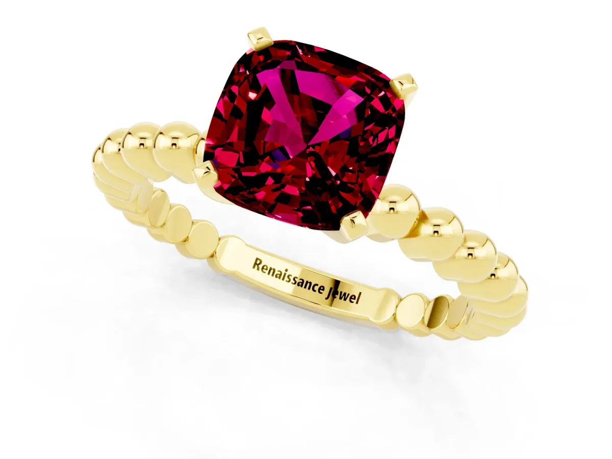 Cushion Cut Garnet Solitaire Ring with Beaded Band and Prong Setting Yellow gold