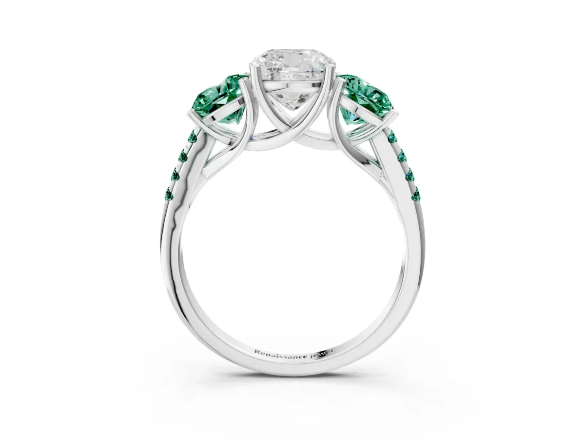 Three-Stone Cushion Cut Diamond Ring with Round Green Sapphire Pavé Band and Prong Setting Silver