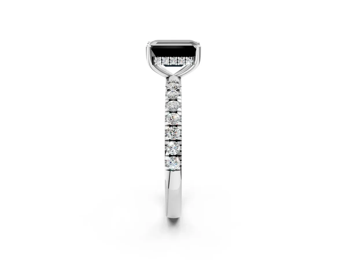 Fancy Black Emerald Cut Diamond Pave Band Solitaire Ring with Round and Prong Setting Platinum
