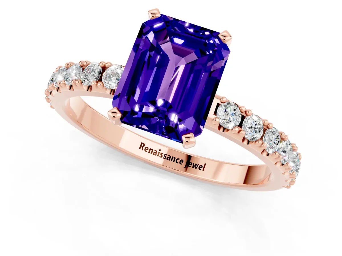 Emerald Cut Tanzanite Solitaire Pavé Band with Four-Prong Setting Rose gold