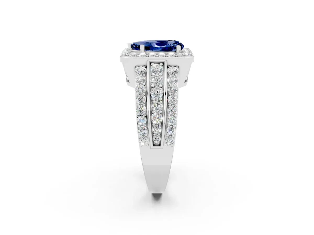 Pear Cut Halo Blue Sapphire Ring with Round Split Shank and Prong Setting Silver