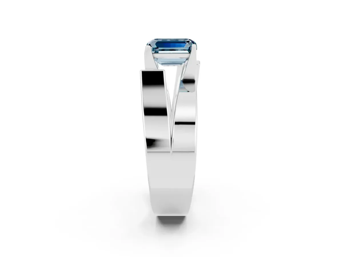 Modern Tension Set Emerald Cut Aquamarine Solitaire Wide Band Ring Silver