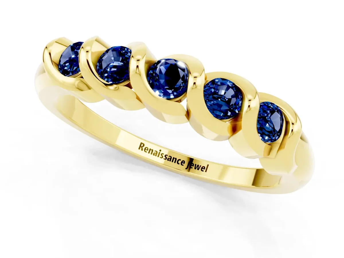 Round Blue Sapphire Eternity Band with Twist Prong Setting Yellow gold