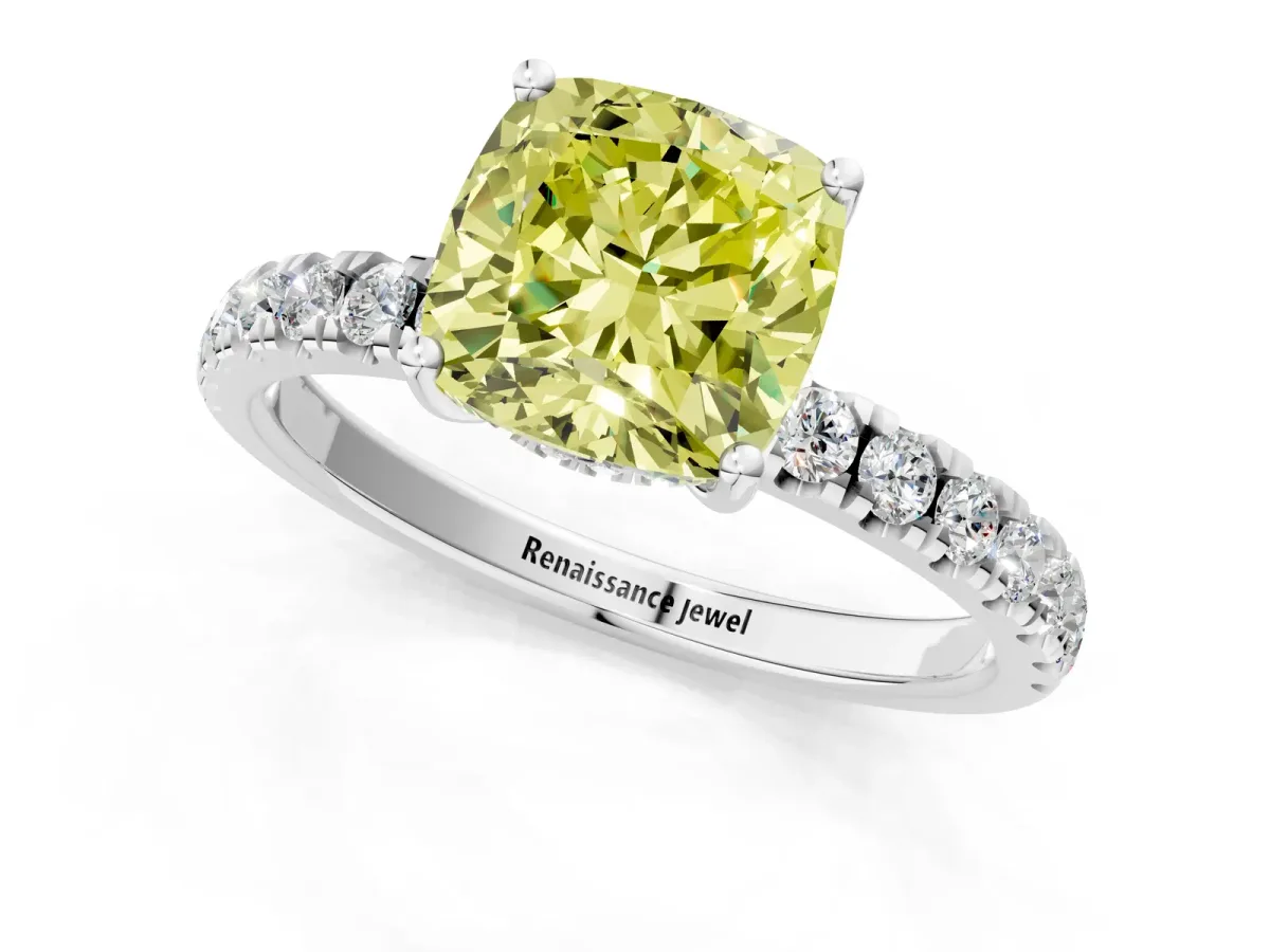 Fancy Yellow Cushion Cut Diamond Pave Band Solitaire Ring with Round and Prong Setting Silver