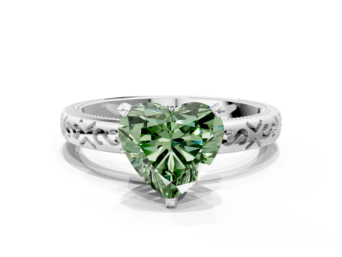 Fancy Green Heart Cut Solitaire Engagement Ring with Scrollwork Band and Four-Prong Setting Platinum