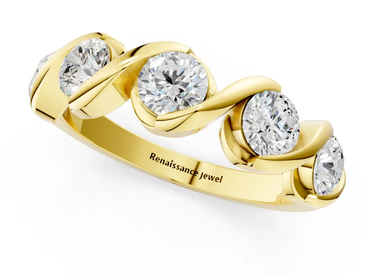 Round Diamond Wave Band with Channel Setting and Shared Prongs Yellow gold