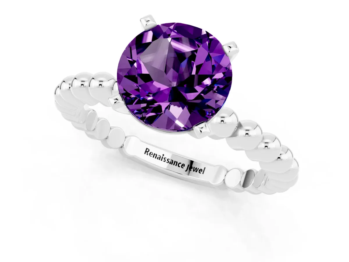 Round Cut Amethyst Solitaire Ring with Beaded Band and Prong Setting Platinum