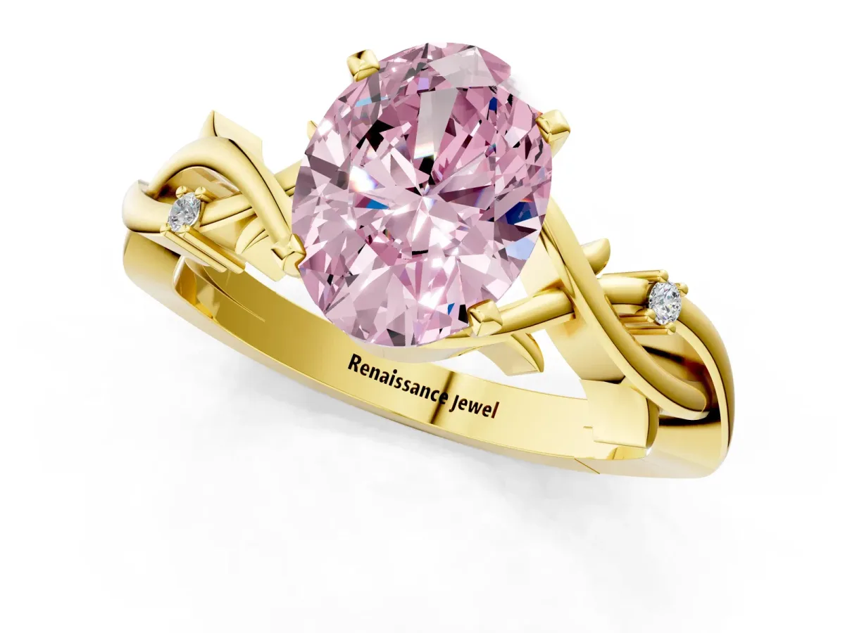 Fancy Pink Oval Cut Diamond Solitaire Ring with Twisted Band and Prong Setting Yellow gold