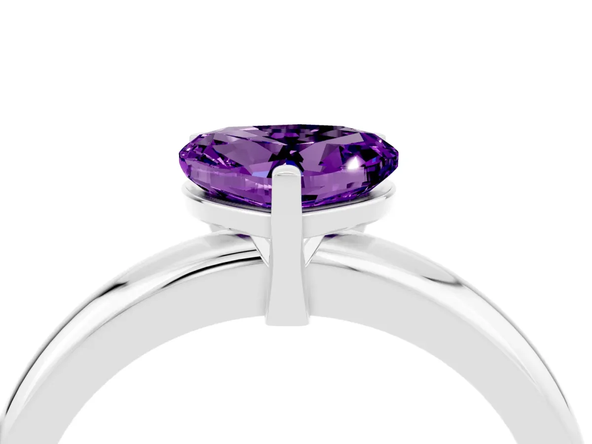 Heart Cut Amethyst Solitaire Engagement Ring with Round Band and Four-Prong Setting Silver