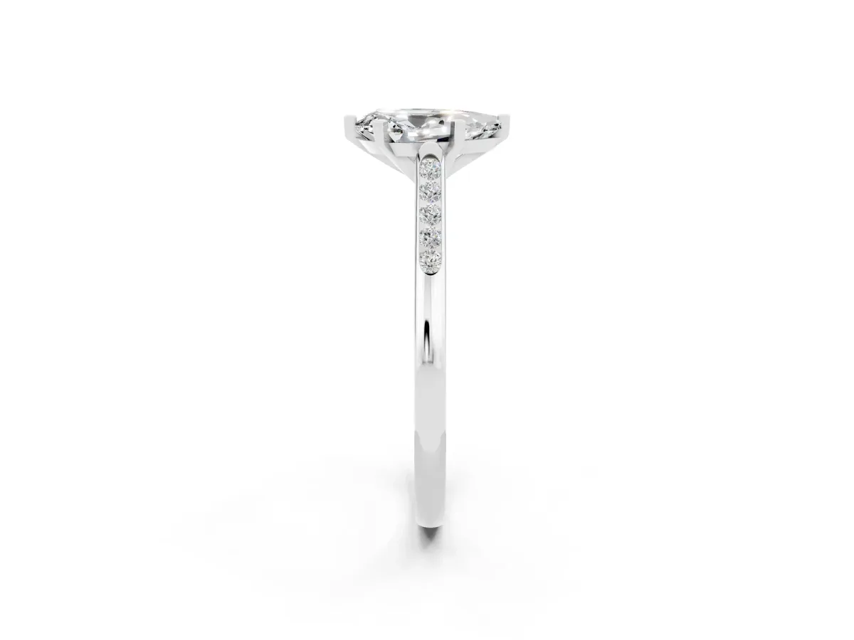 Pear Cut Moissanite Solitaire Ring with Channel Set Round Band and Prong Setting Silver