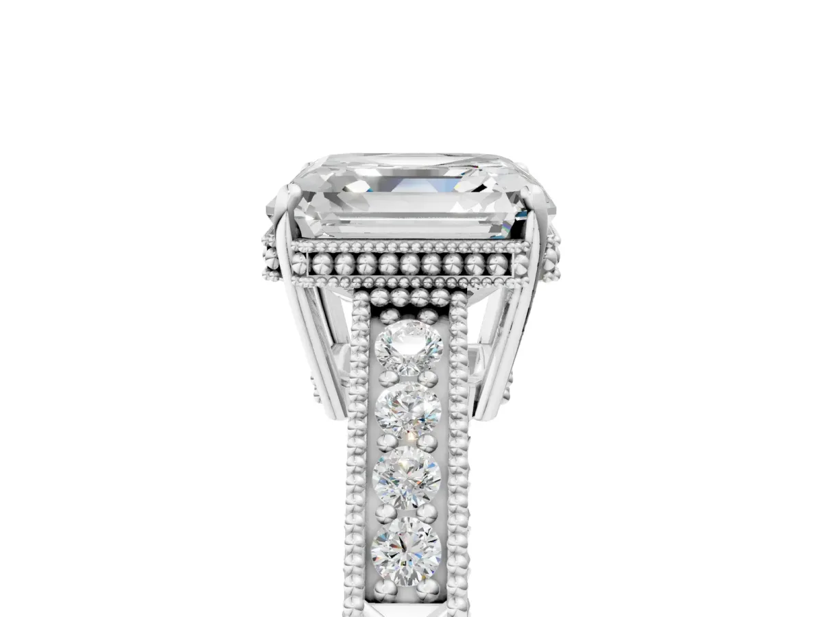 Asscher Cut Cut Diamond Milgrain Pave Band Four-Prong Setting Ring Platinum