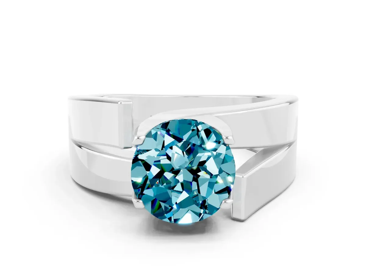 Modern Tension Set Round Cut Blue Topaz Solitaire Wide Band Ring Silver