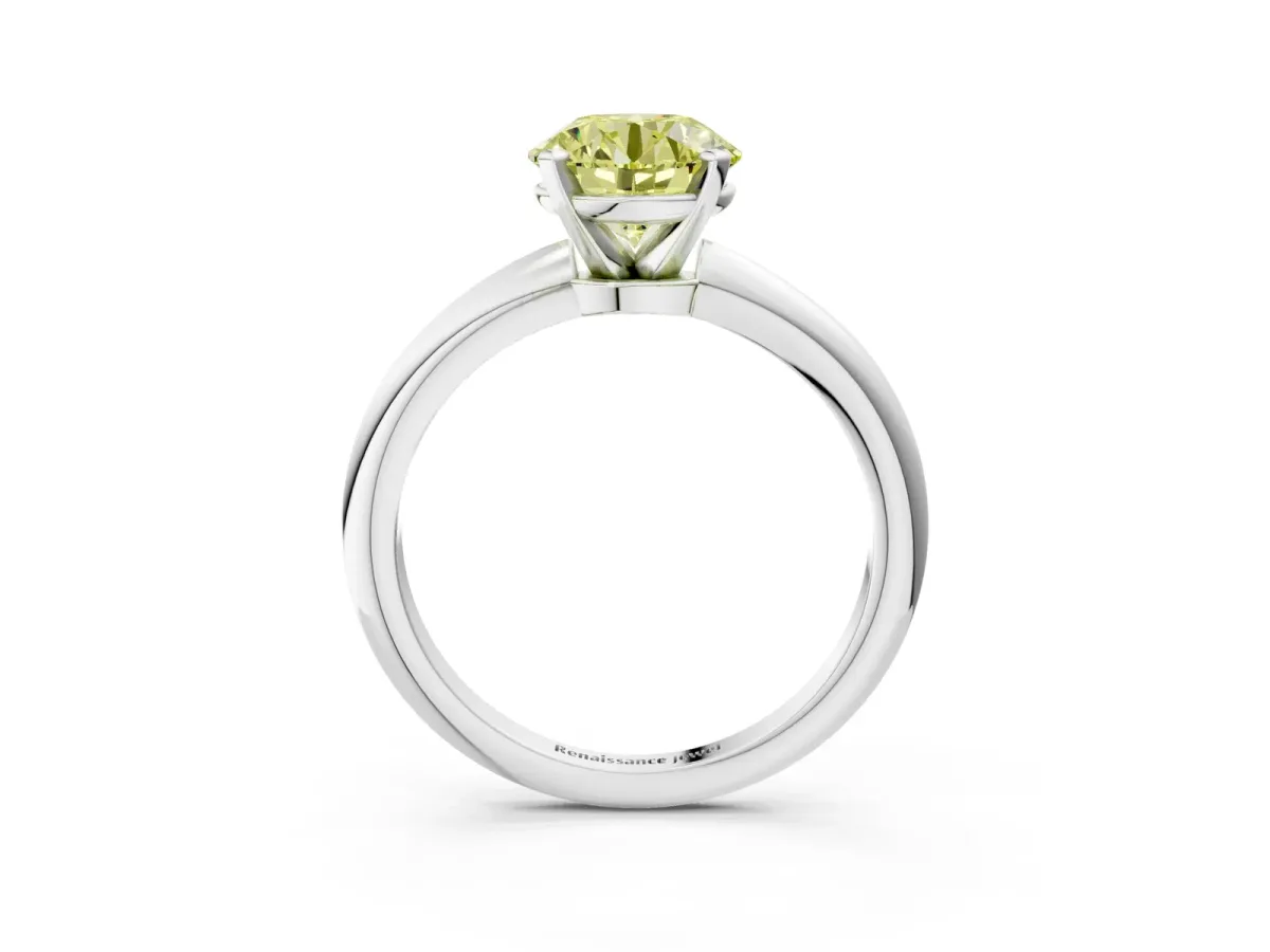 Fancy Yellow Round Cut Diamond Solitaire Ring with Six-Prong Setting and Classic Band Silver