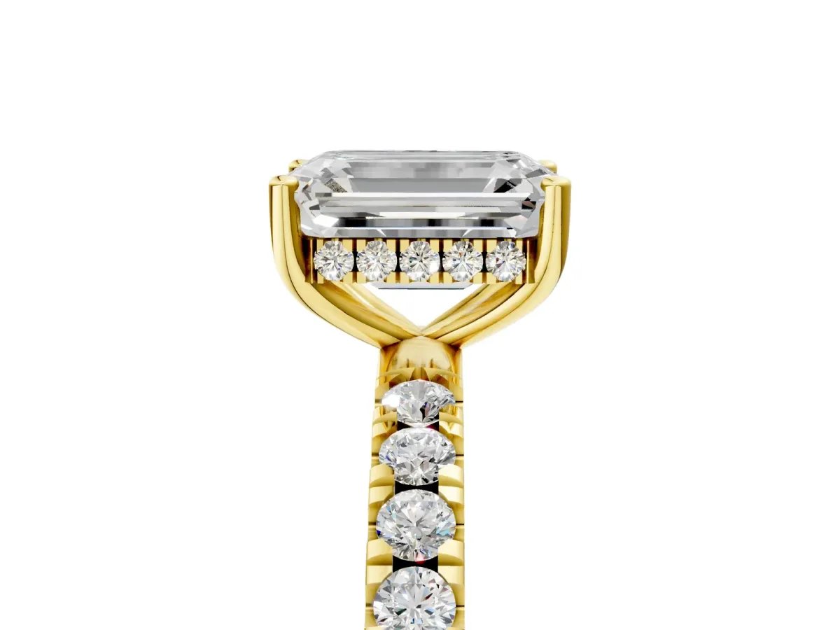 Emerald Cut Diamond Pave Band Solitaire Ring with Round and Prong Setting Yellow gold