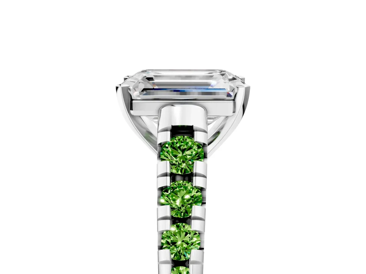 Emerald Cut Diamond Cathedral Solitaire Ring with Round Peridot Pavé Band Platinum