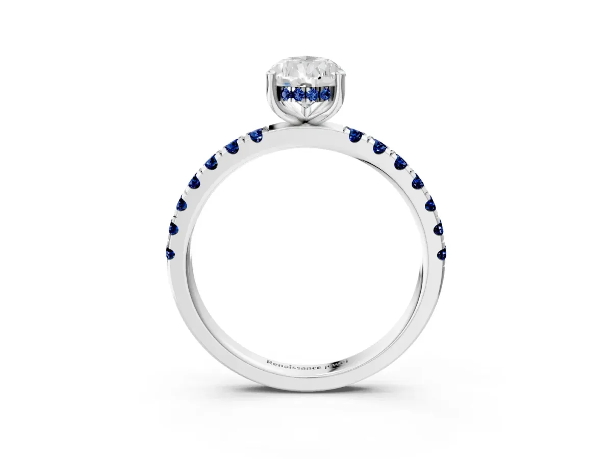 Pear Cut Diamond Pave Band Solitaire Ring with Round Blue Sapphire and Prong Setting Silver