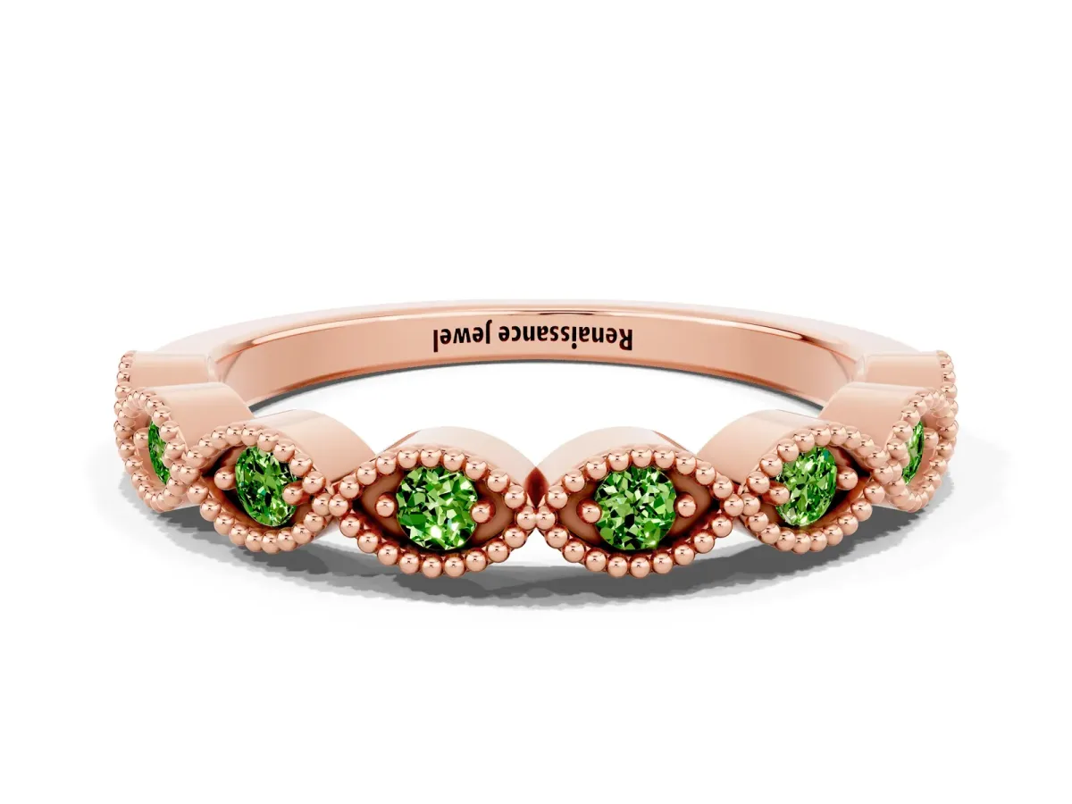 Milgrain Marquise Peridot Half Eternity Band with Bezel Setting Rose gold