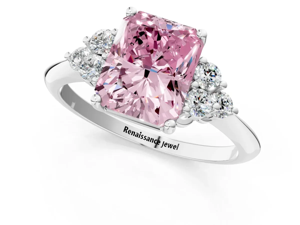 Fancy Pink Radiant Cut Cut Diamond Cluster Ring with Solitaire Band and Four-Prong Setting Platinum