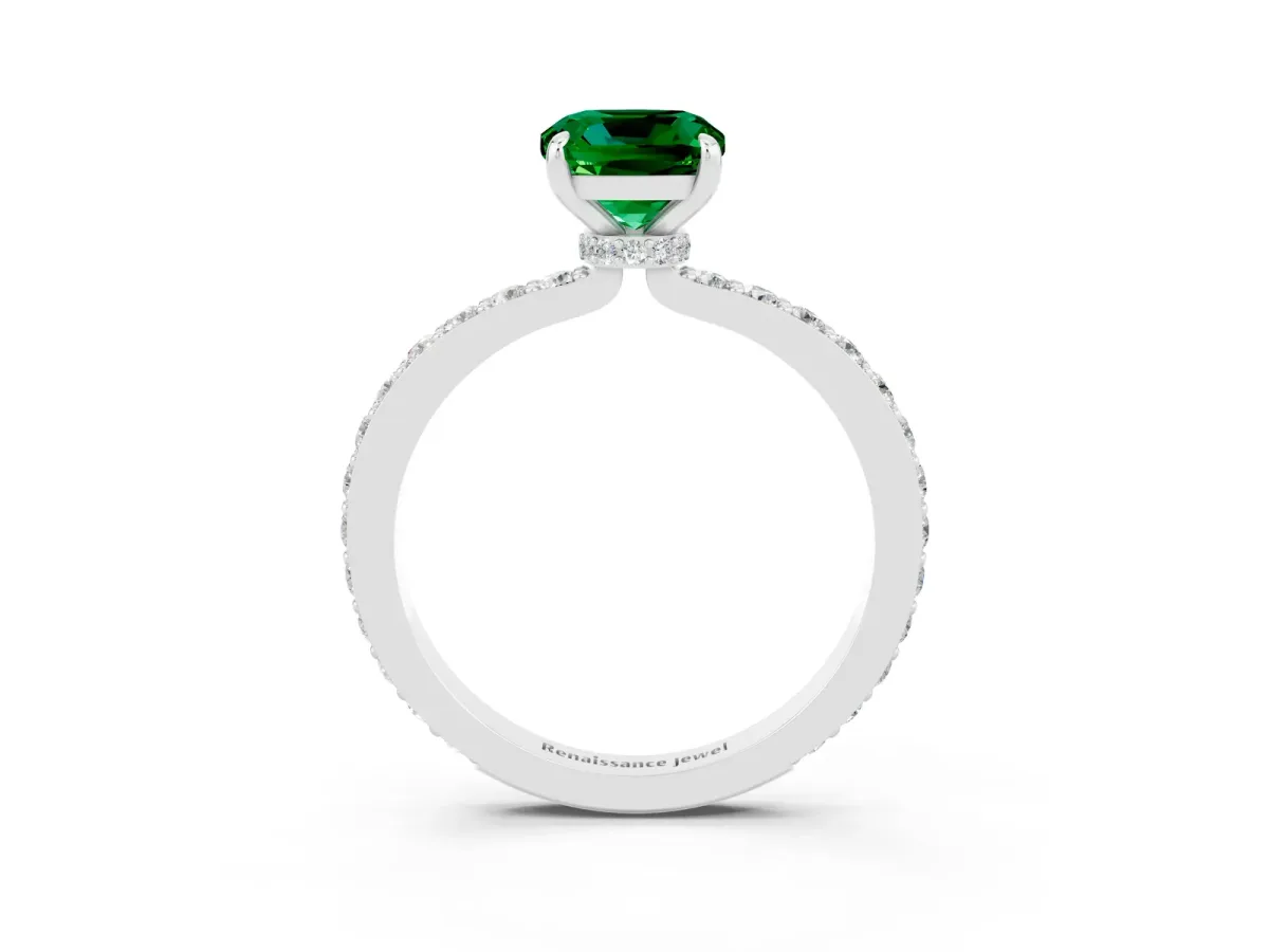 Cushion Cut Emerald Solitaire Engagement Ring with Pavé Band and Four-Prong Setting Silver