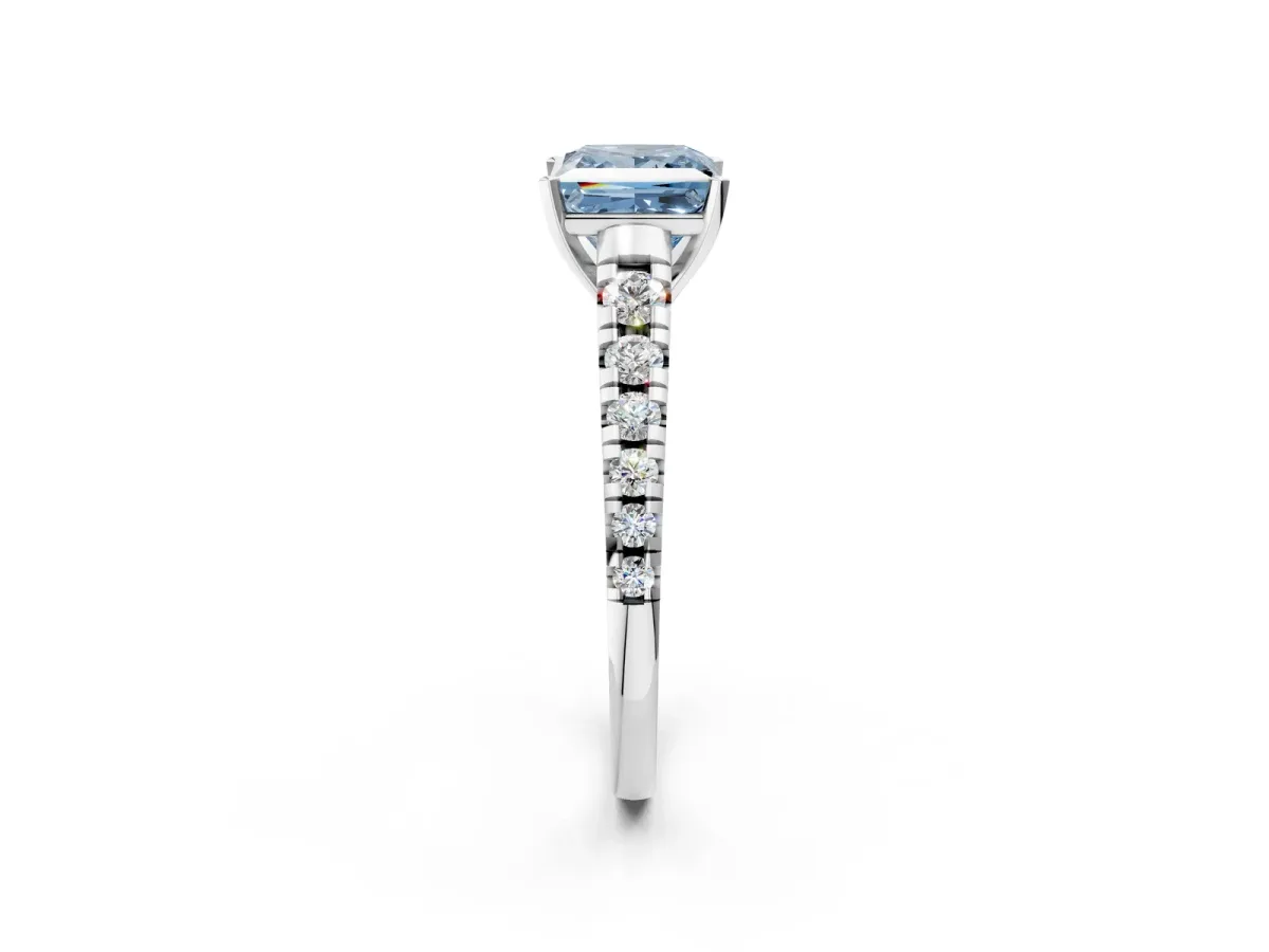 Fancy Blue Princess Cut Diamond Cathedral Solitaire Ring with Round Pavé Band Silver