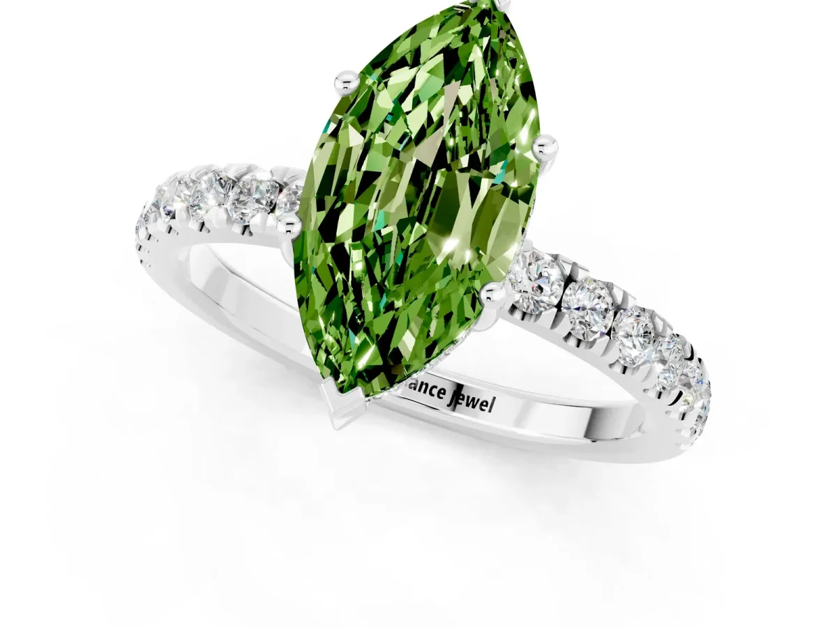 Marquise Cut Peridot Pave Band Solitaire Ring with Round and Prong Setting Platinum