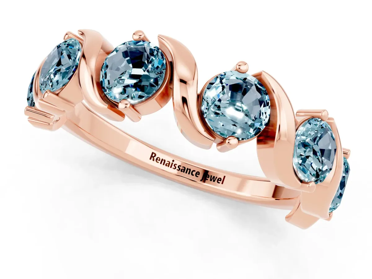 Round Aquamarine Half Eternity Band with Wave Prong Setting Rose gold