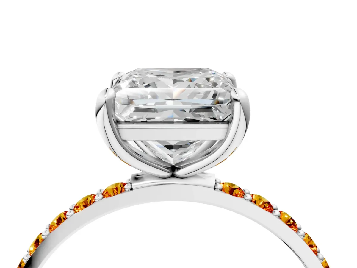 Princess Cut Diamond Solitaire Ring with Round Citrine Pavé Band and Prong Setting Silver