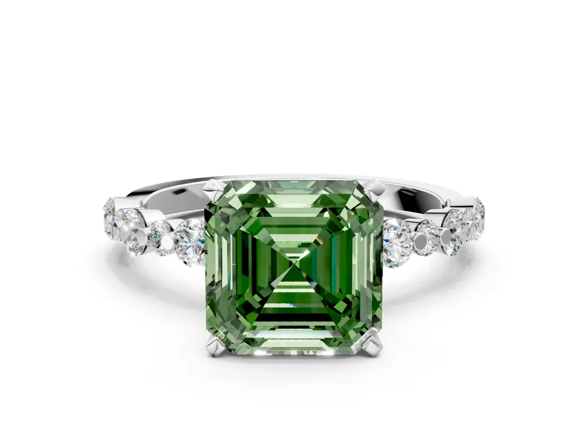 Fancy Green Asscher Cut Diamond Prong Set Engagement Ring with Pavé Band Platinum