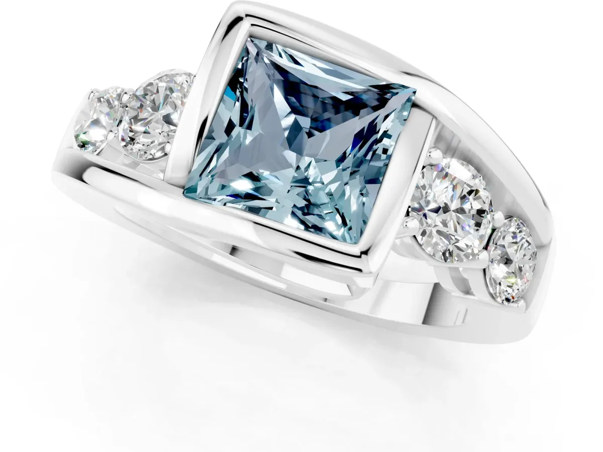 Bezel Set Princess Cut Aquamarine Bypass Ring with Round Accents Silver