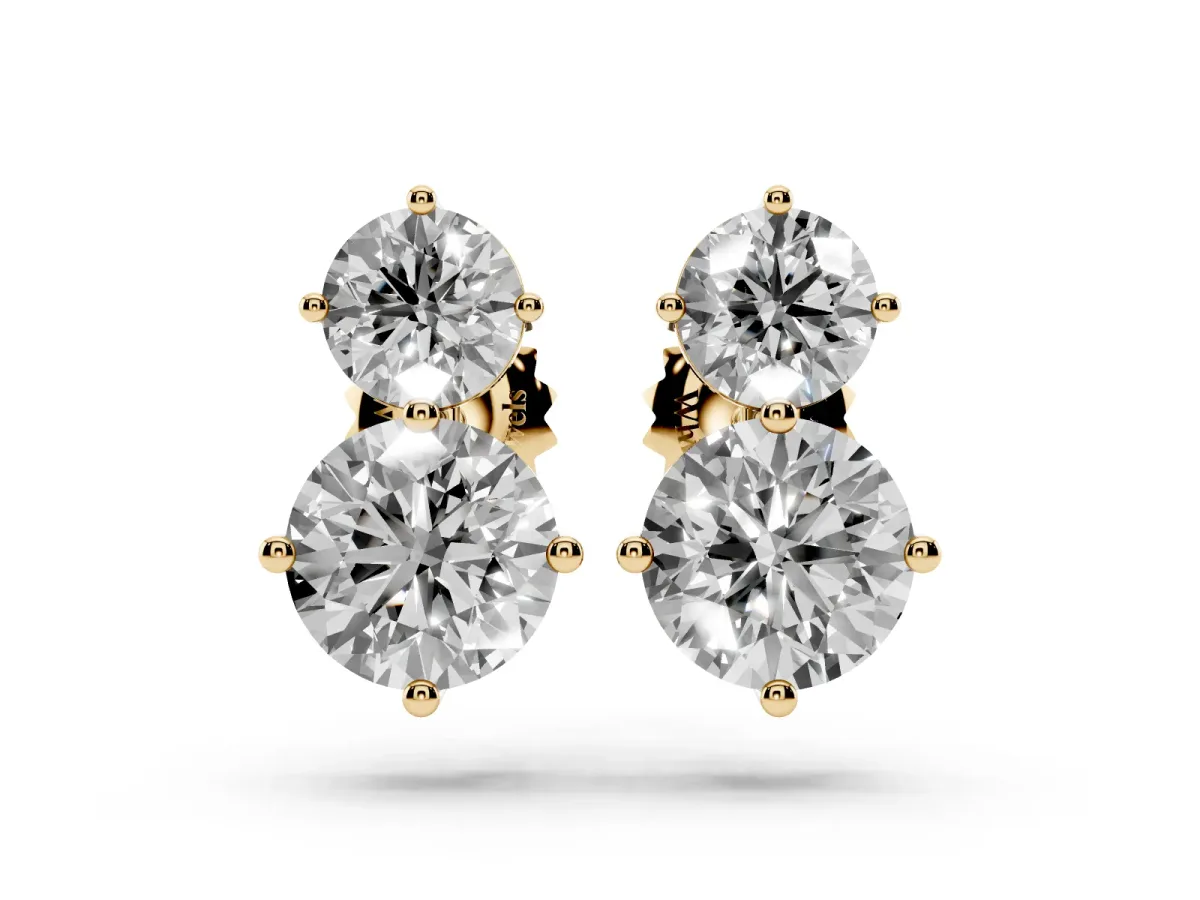 Round Cut Diamond Two Stone Stud Earrings Yellow gold