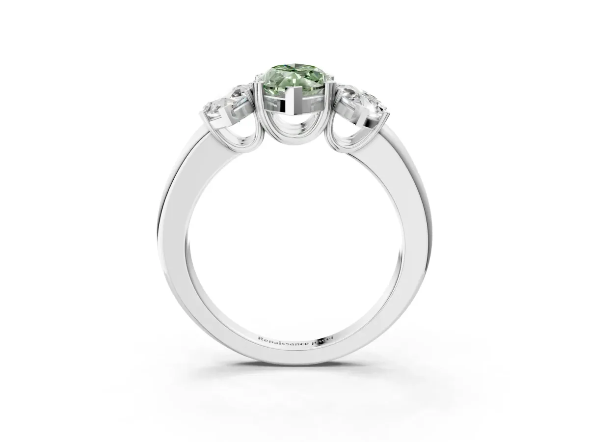 Fancy Green Three-Stone Marquise Cut Cut Diamond Ring with Channel Set Band and Four-Prong Setting Silver