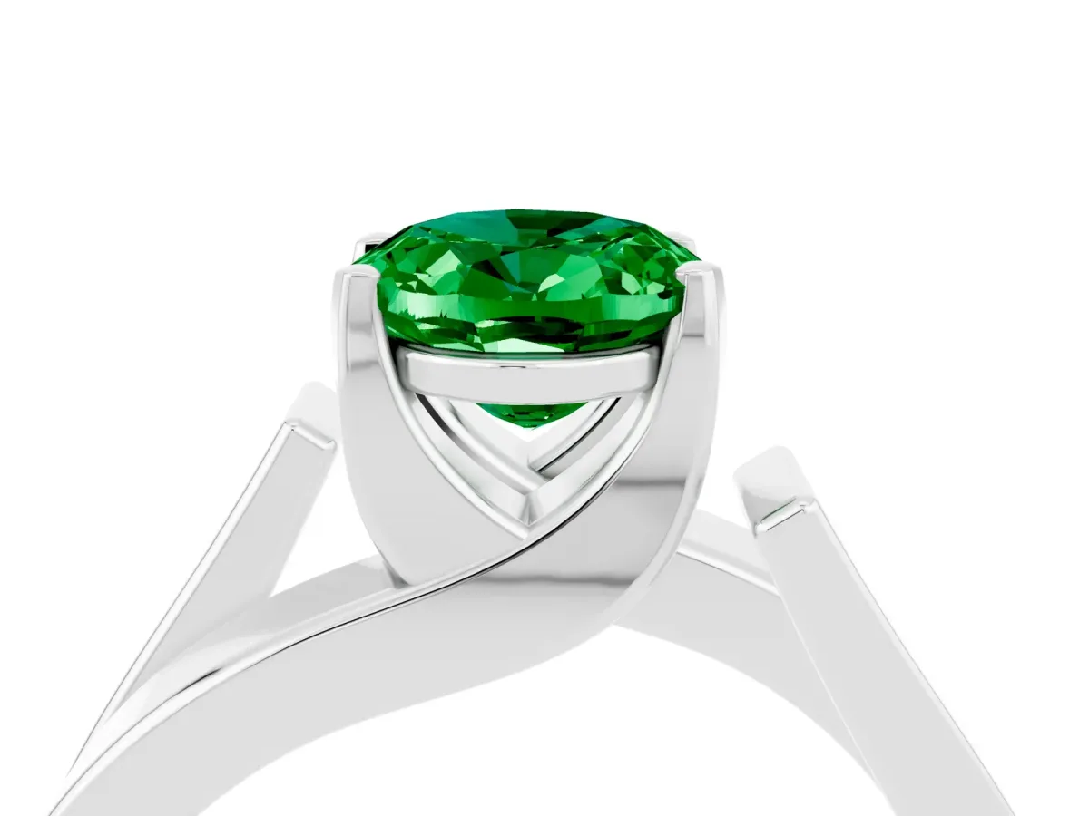 Modern Tension Set Oval Cut Emerald Solitaire Wide Band Ring Silver
