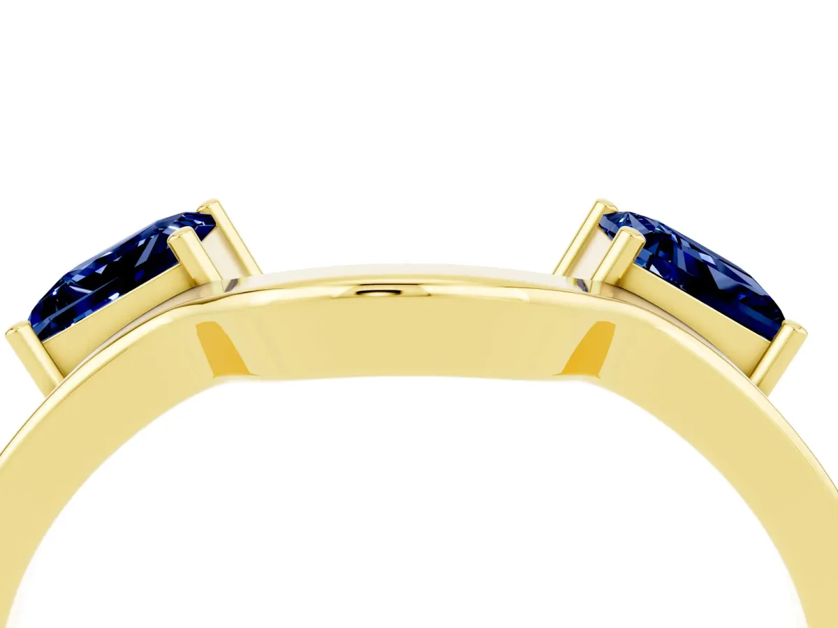 Princess Cut Blue Sapphire Two-Stone Open Band Ring with Four-Prong Setting Yellow gold